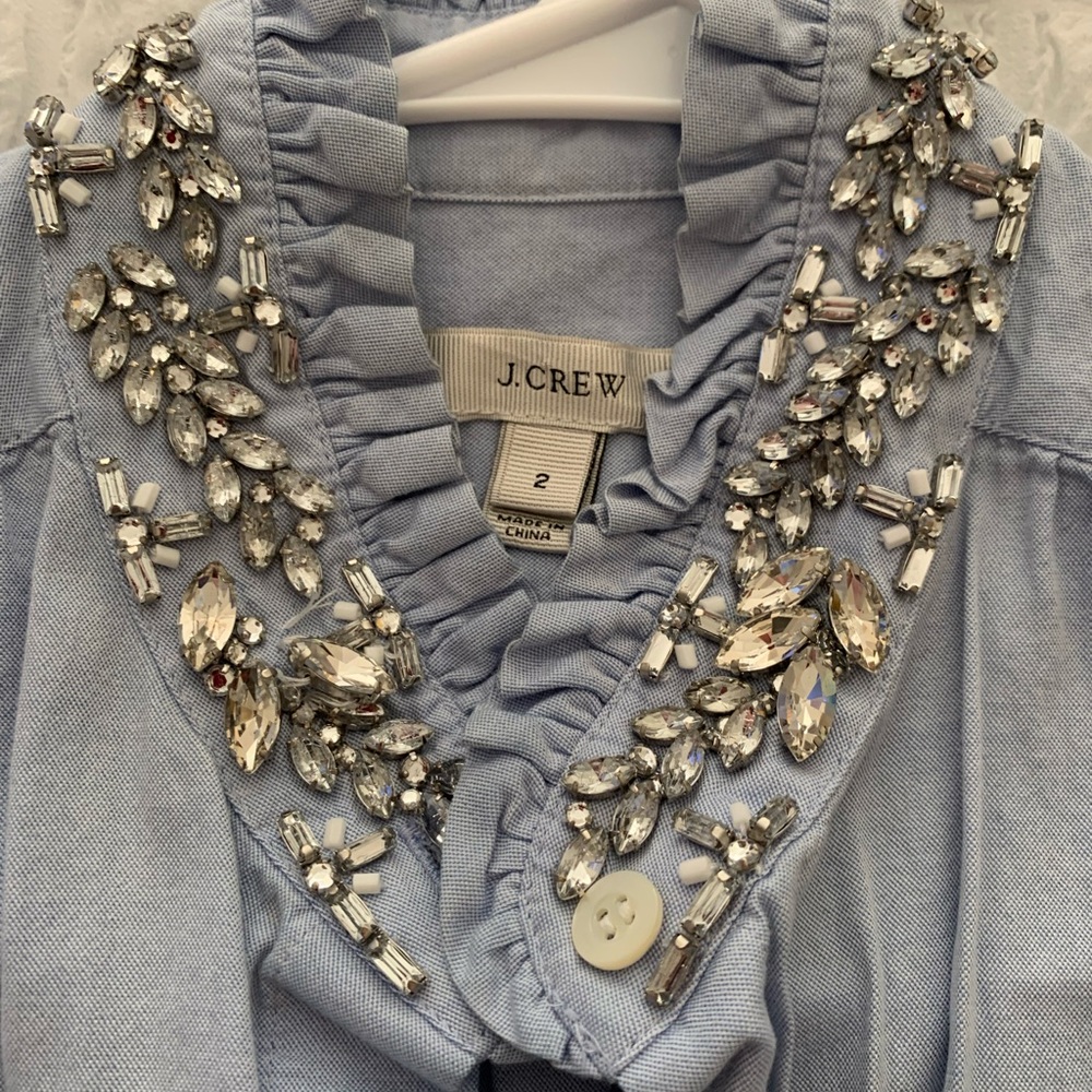 J. Crew Blue Chambray Bejeweled Neck Vest Top